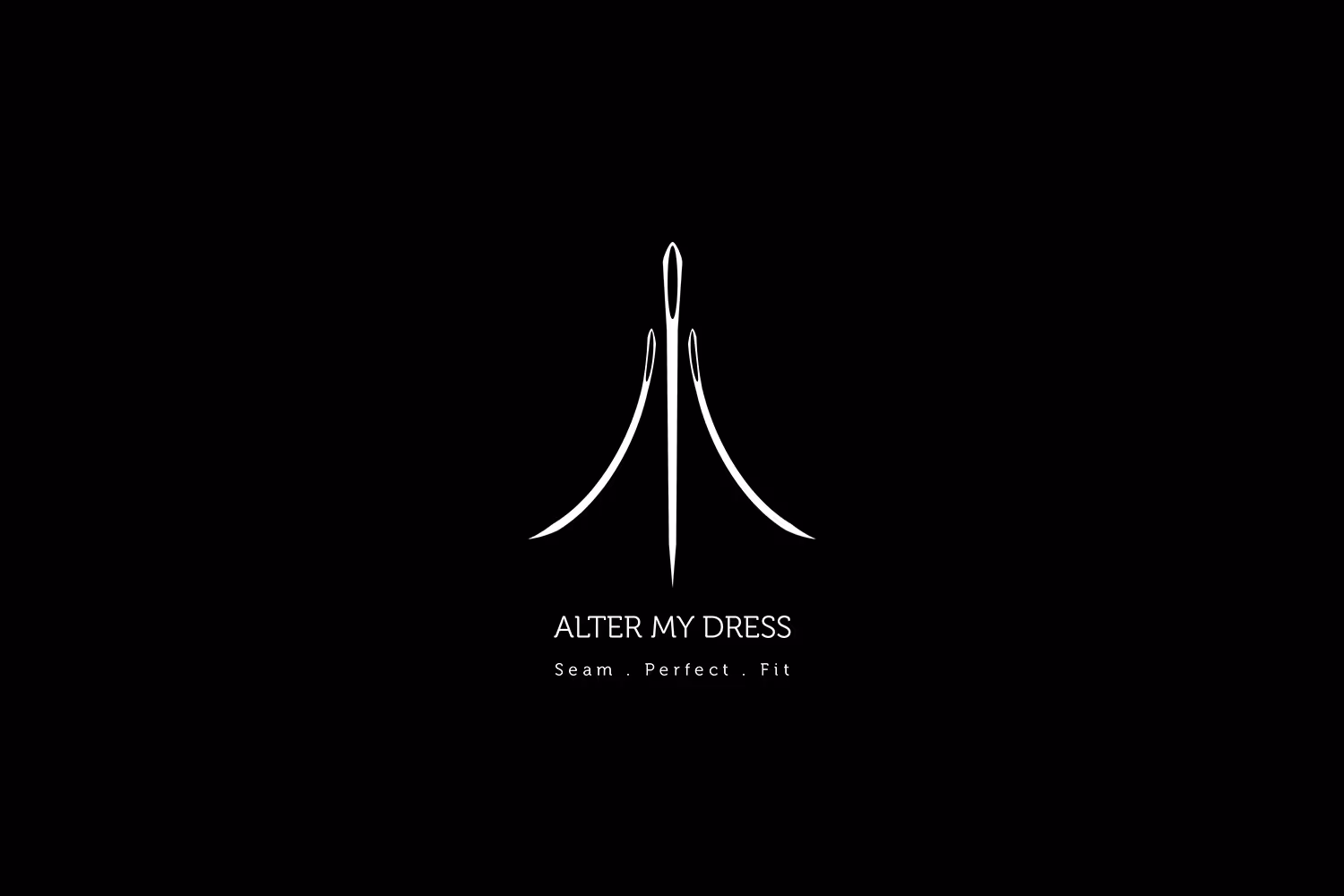 Logo with three white sewing needles forming a stylized dress shape above the text 'ALTER MY DRESS' and tagline 'Seam . Perfect . Fit' on a black background.