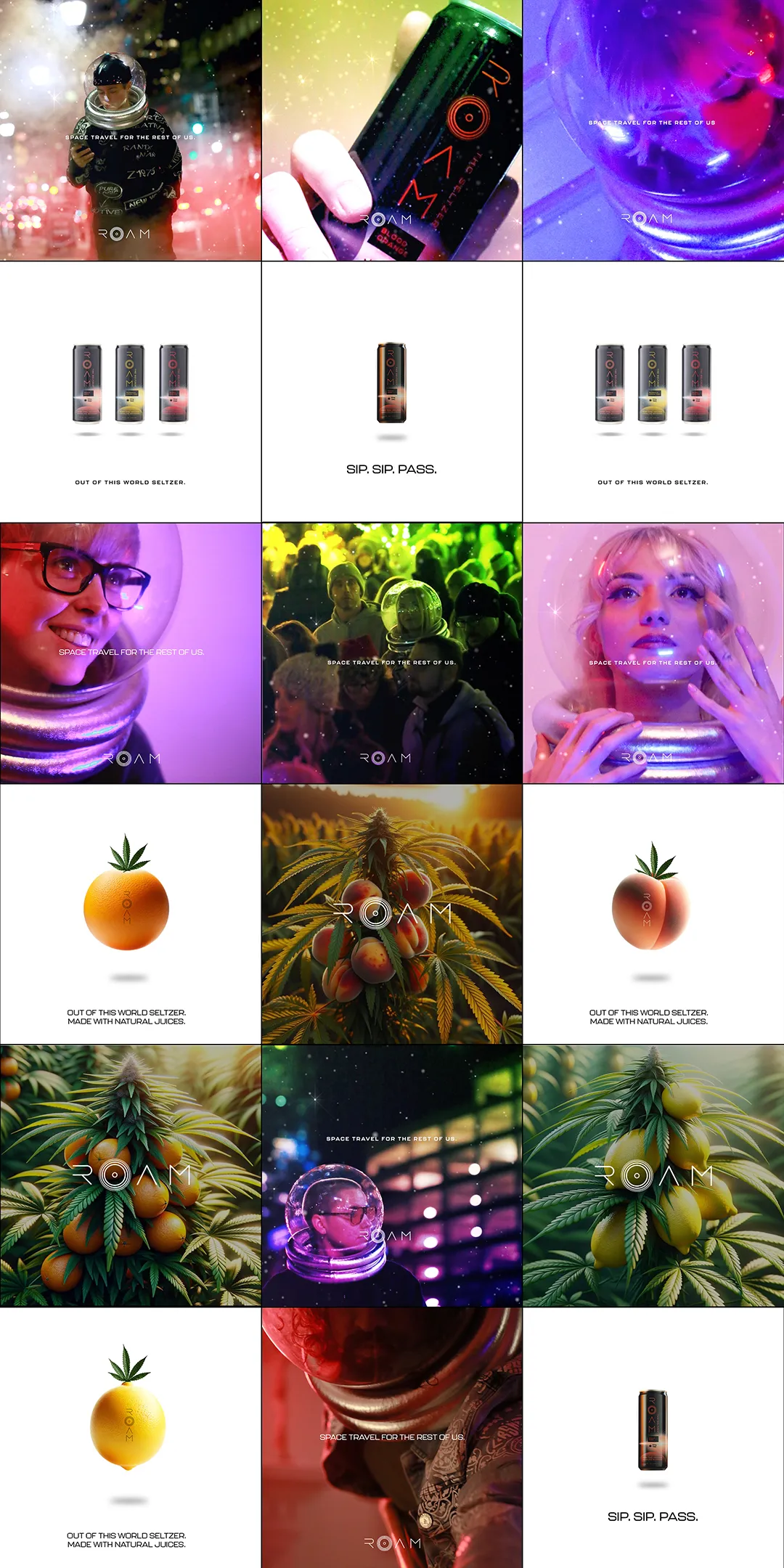Grid of images showing people wearing astronaut helmets and various ROAM seltzer cans with fruit and cannabis plant visuals, promoting a space travel theme and natural juice flavors.