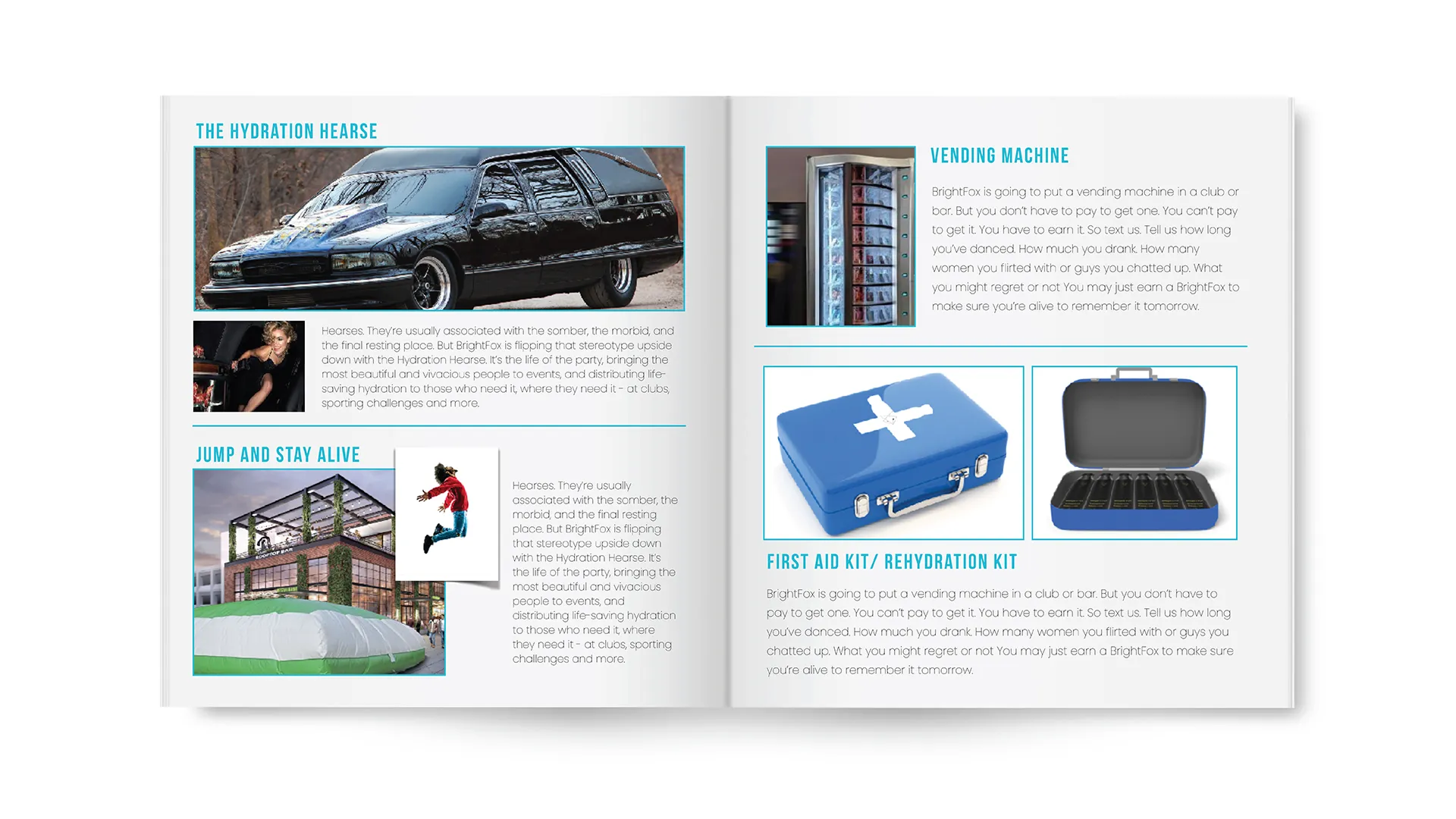 Open magazine spread featuring a black hydration hearse, a woman pouring a drink, a person jumping onto an inflatable airbag by a rooftop bar, a vending machine, and a blue first aid rehydration kit with bottles inside.