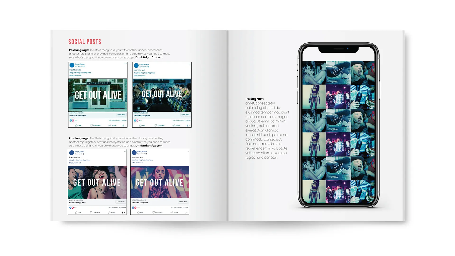 Open book spread showing social media post examples with the slogan 'GET OUT ALIVE' and a smartphone displaying a collage of nightlife and party photos.