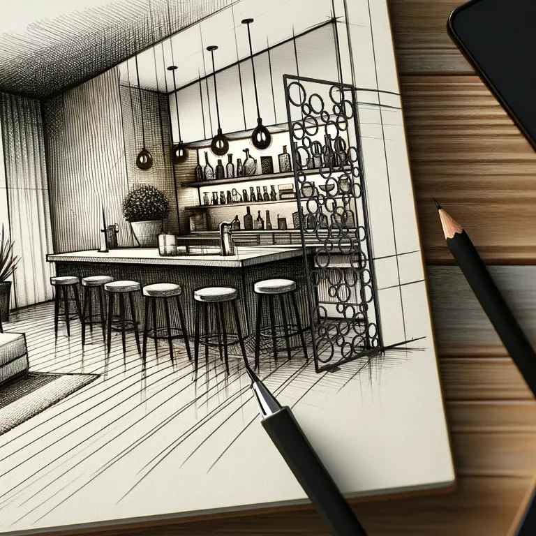 Pen and pencil drawing of a modern bar interior with stools, hanging lights, shelves with bottles, and a decorative panel.