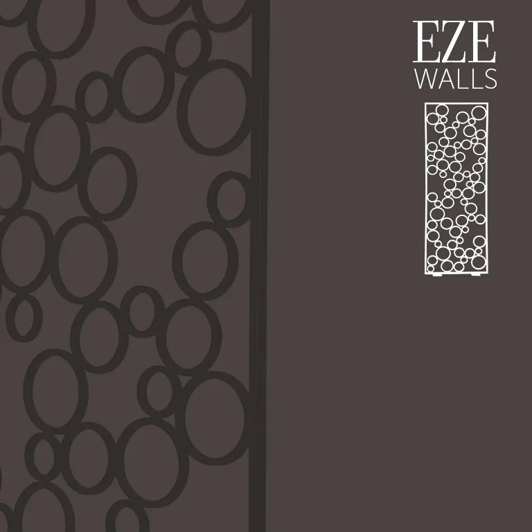 Dark decorative panel with overlapping circular cut-out pattern and EZE Walls logo featuring a rectangular design filled with circles.