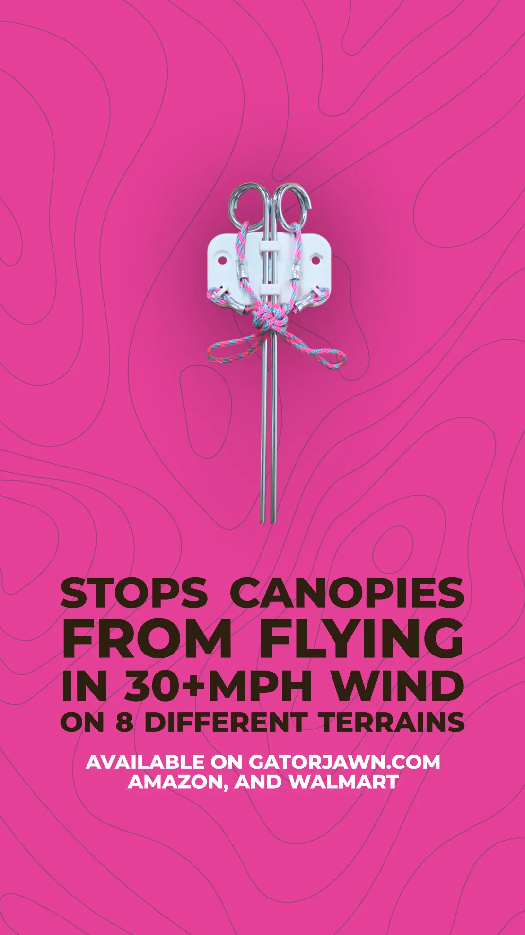 Metal canopy stake with pink and blue rope on a pink background, promoting wind-resistant canopy support.