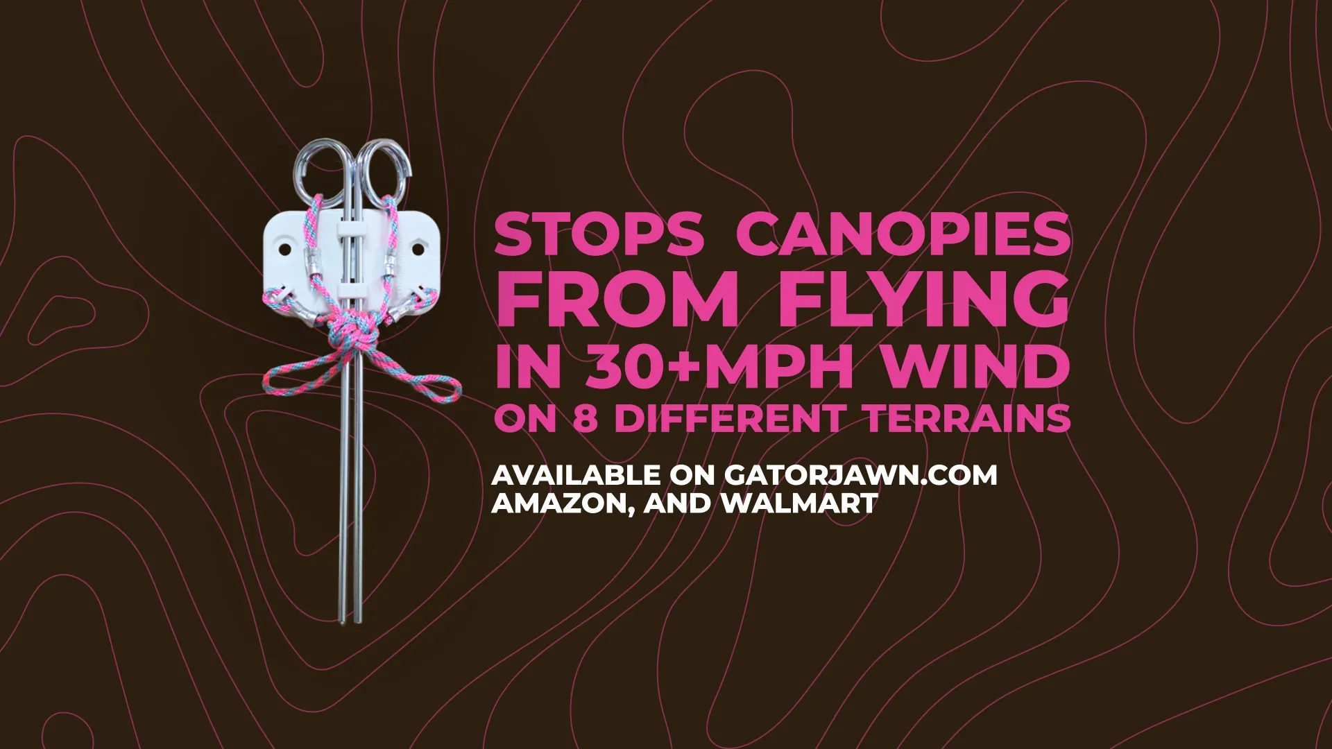 Metal ground stake with rope tied in a bow next to text stating it stops canopies from flying in 30+ mph wind on 8 different terrains.