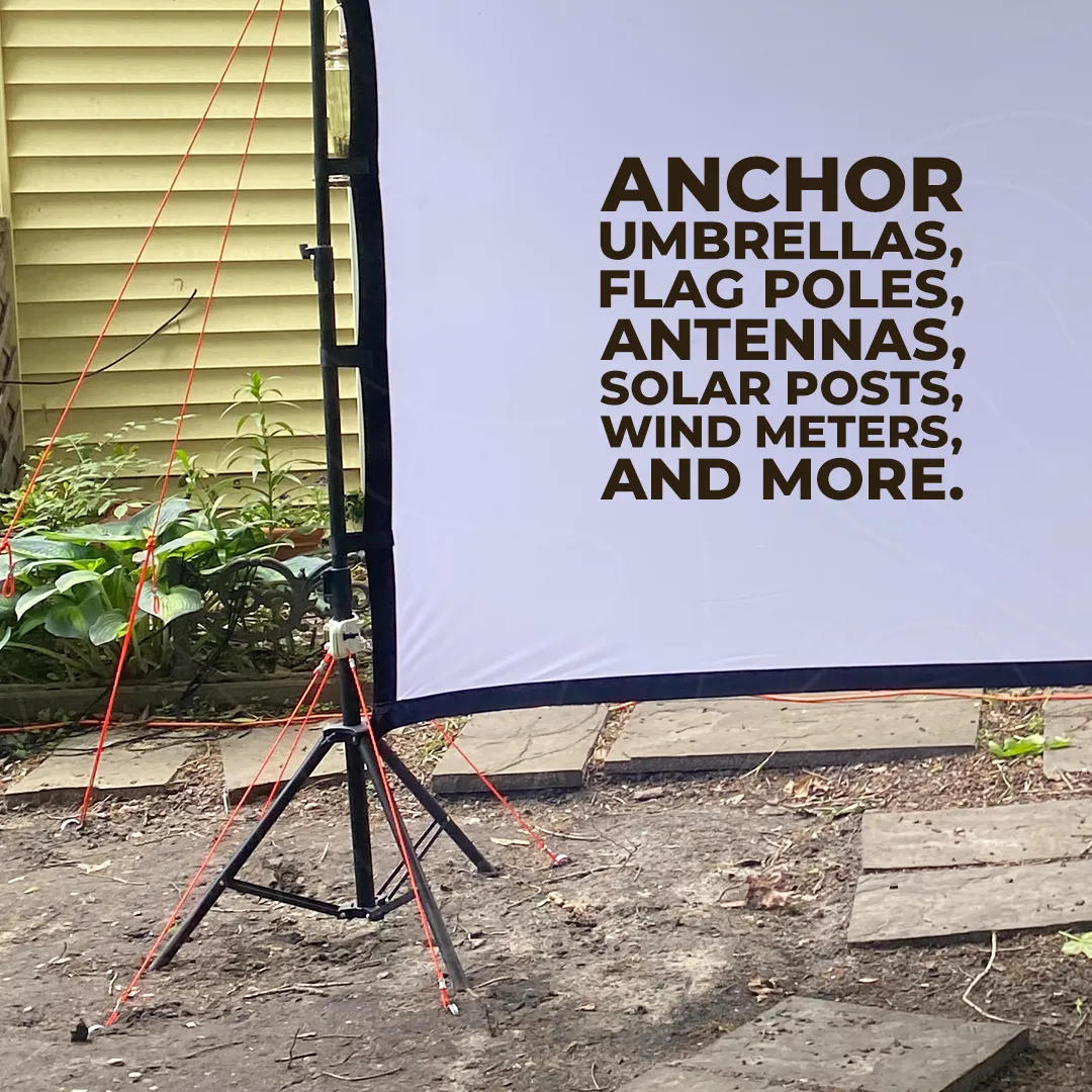 Outdoor setup showing a white screen secured with multiple orange ropes tied to the ground and a black metal tripod stand, with text listing anchor uses: umbrellas, flag poles, antennas, solar posts, wind meters, and more.