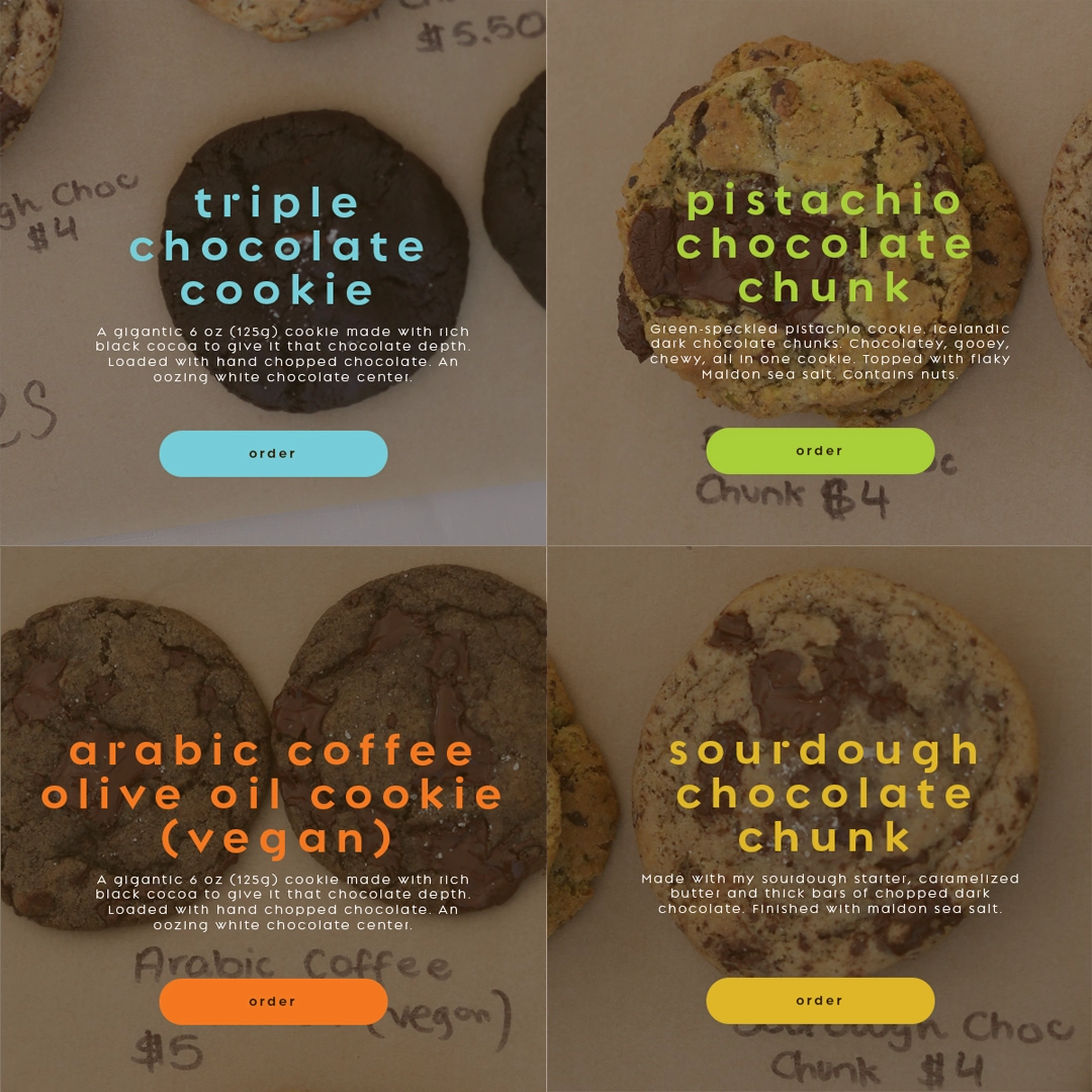 Four different cookies displayed on parchment paper with descriptions and colorful order buttons: triple chocolate cookie, pistachio chocolate chunk, arabic coffee olive oil cookie (vegan), and sourdough chocolate chunk.