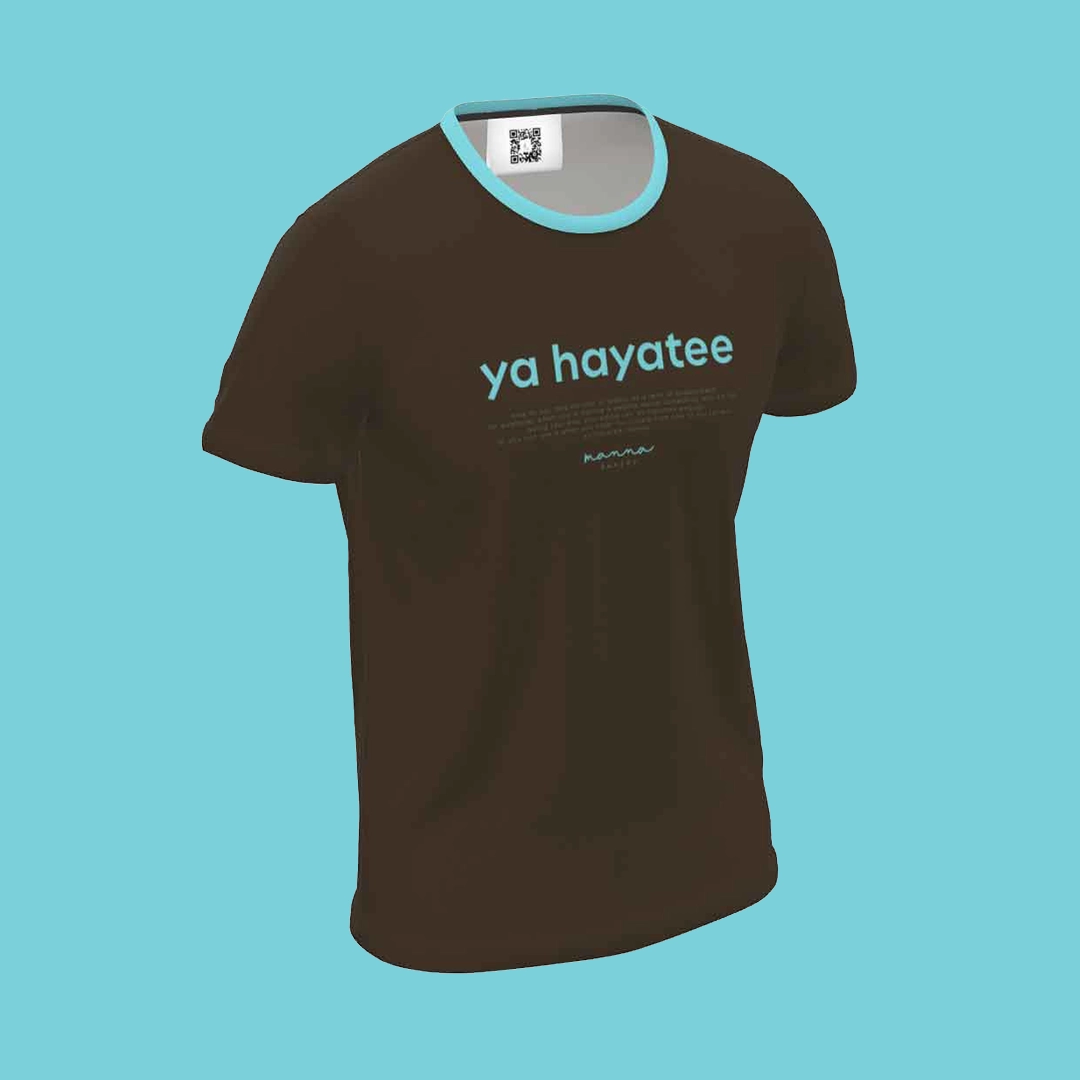 Brown t-shirt with light blue collar and the text 'ya hayatee' printed in light blue on the front.