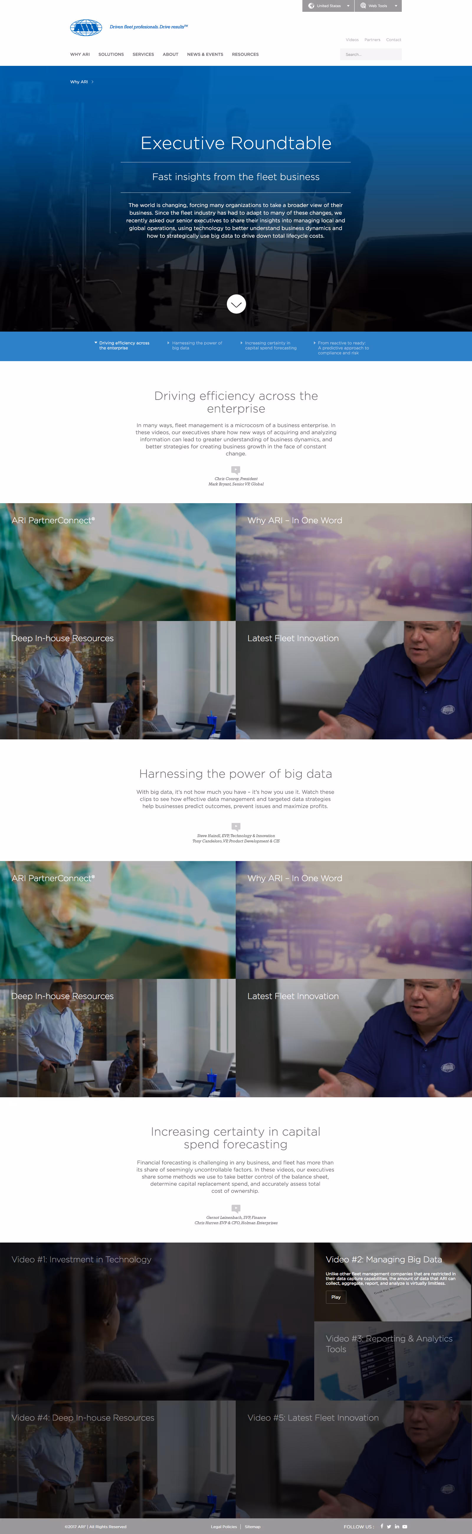 Webpage titled Executive Roundtable featuring business professionals discussing fleet management, big data, and capital spend forecasting with video thumbnails and text sections.