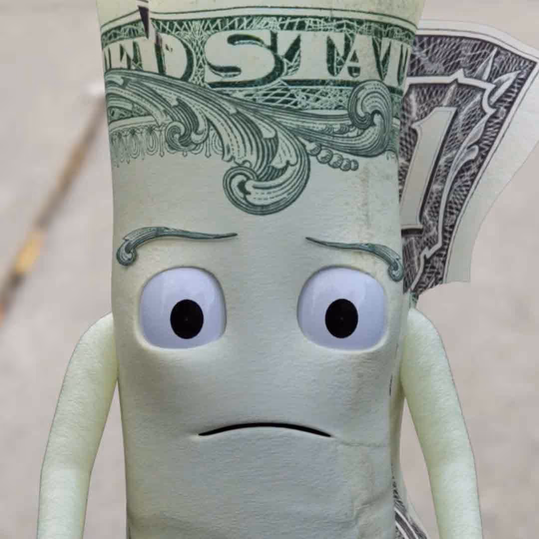 Animated character of a worried one-dollar bill with arms and large eyes.