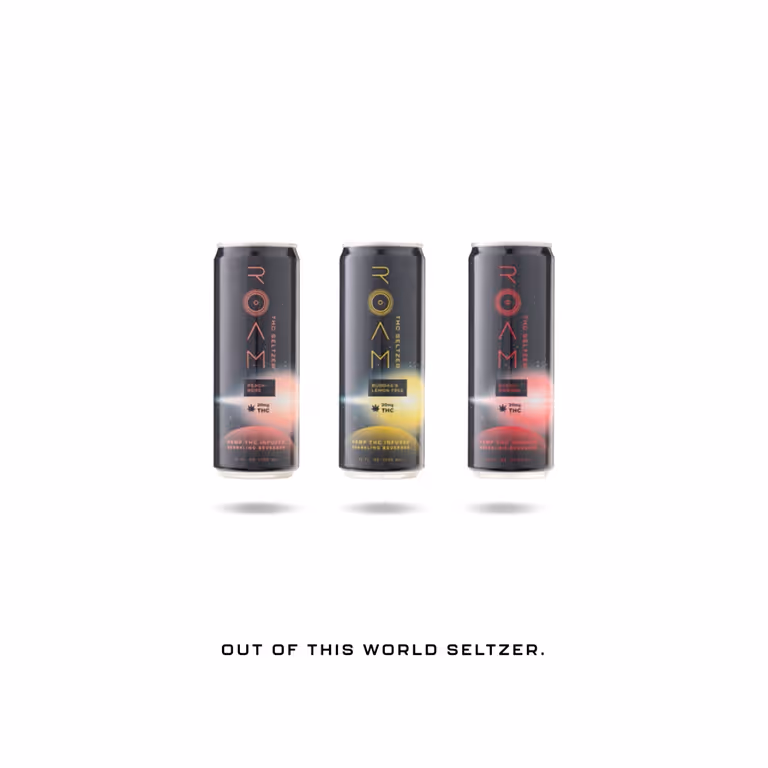 Three ROAM cannabis-infused hard seltzer cans in different flavors with glowing effects, above text reading 'Out of this world seltzer.'