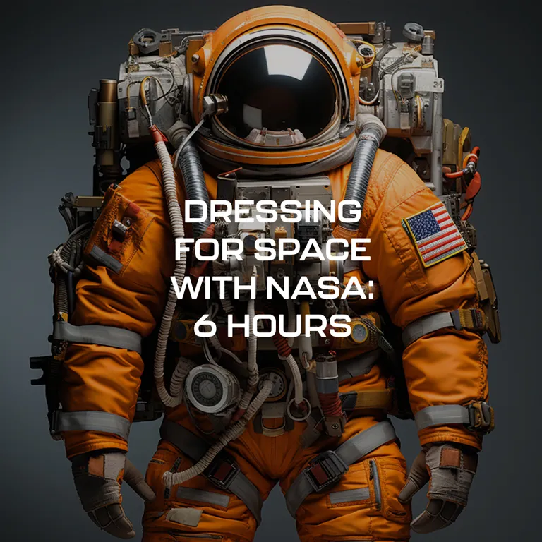 Astronaut in an orange NASA spacesuit with American flag patch, with text overlay reading 'Dressing for Space with NASA: 6 Hours'.